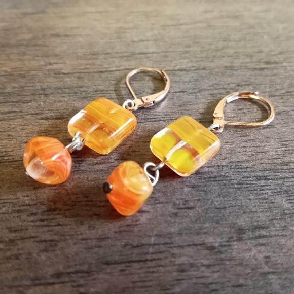 Orange Colorful Glass Bead Stone Dangle Earrings Handmade Jewelry #37 - Picture 7 of 9